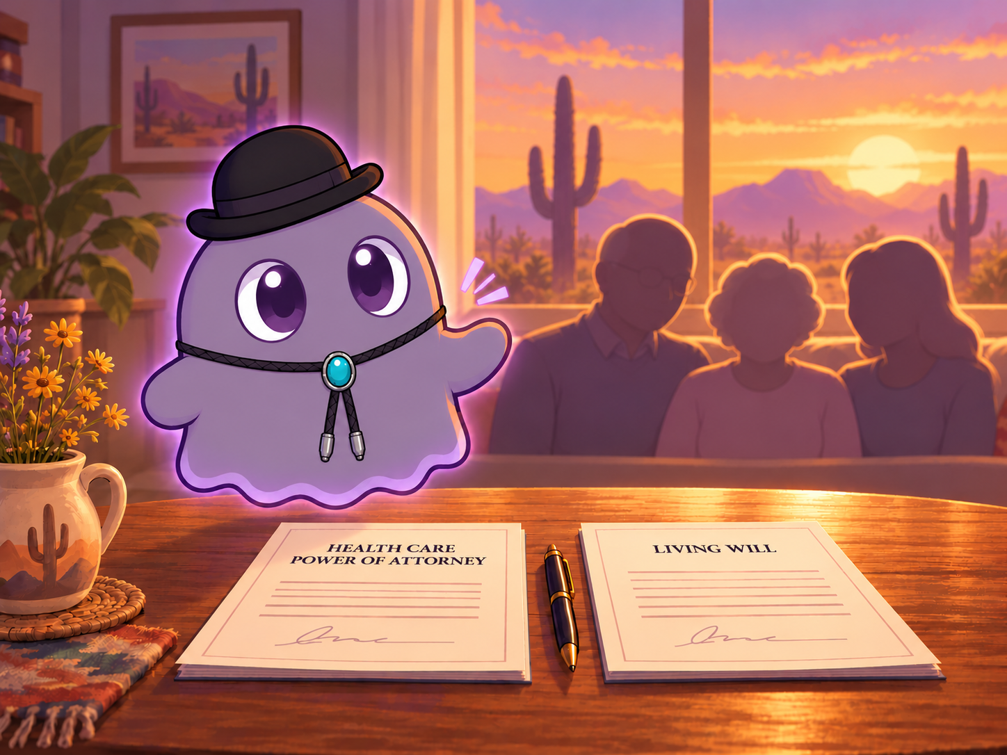 Es Tate, a cartoon ghost, points to a signed health care power of attorney and living will as his family sits together calmly.