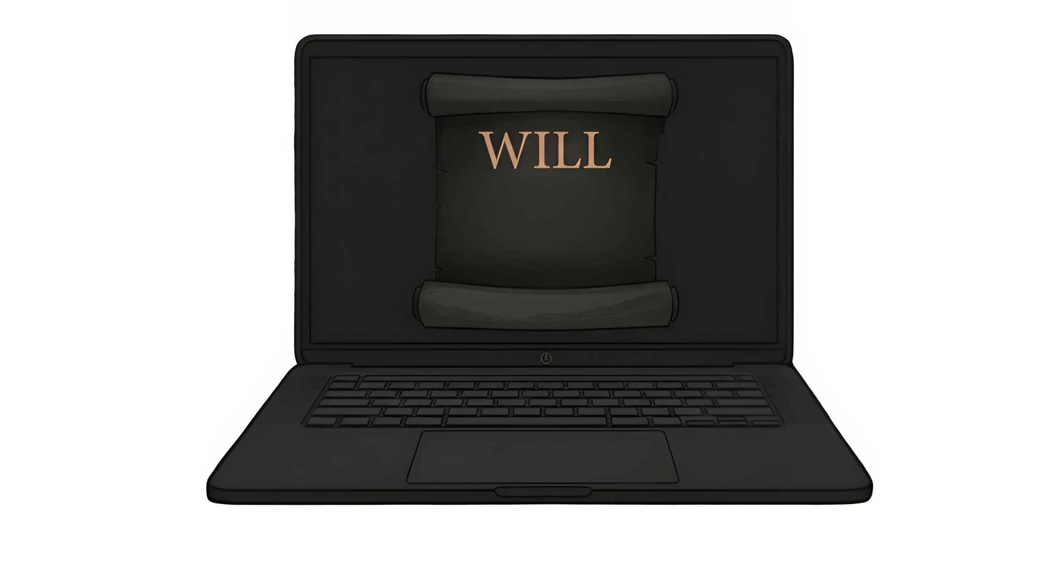 Laptop screen displaying a torn piece of paper with the name 'WILL' written on it. Virtual Will. Electronic Will.