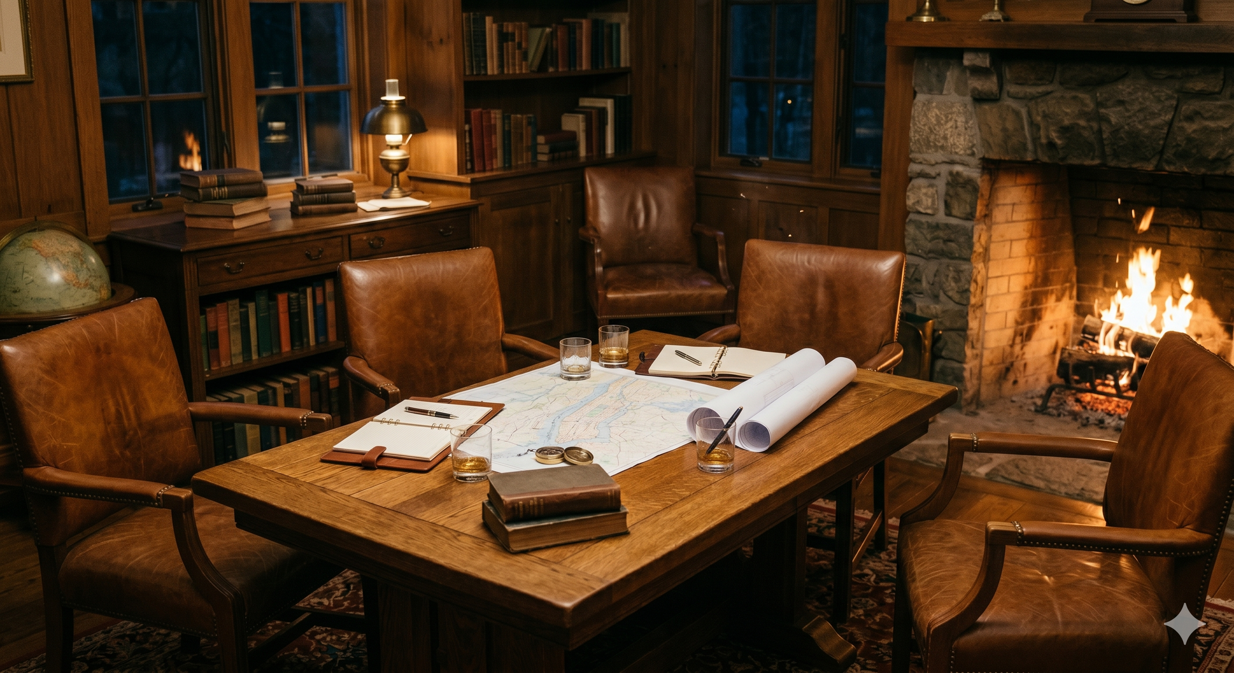 A cozy wood-paneled room with a fire burning in a stone fireplace, a large wooden table with maps, notebooks, and glasses of whiskey, surrounded by leather chairs, and bookshelves filled with books.