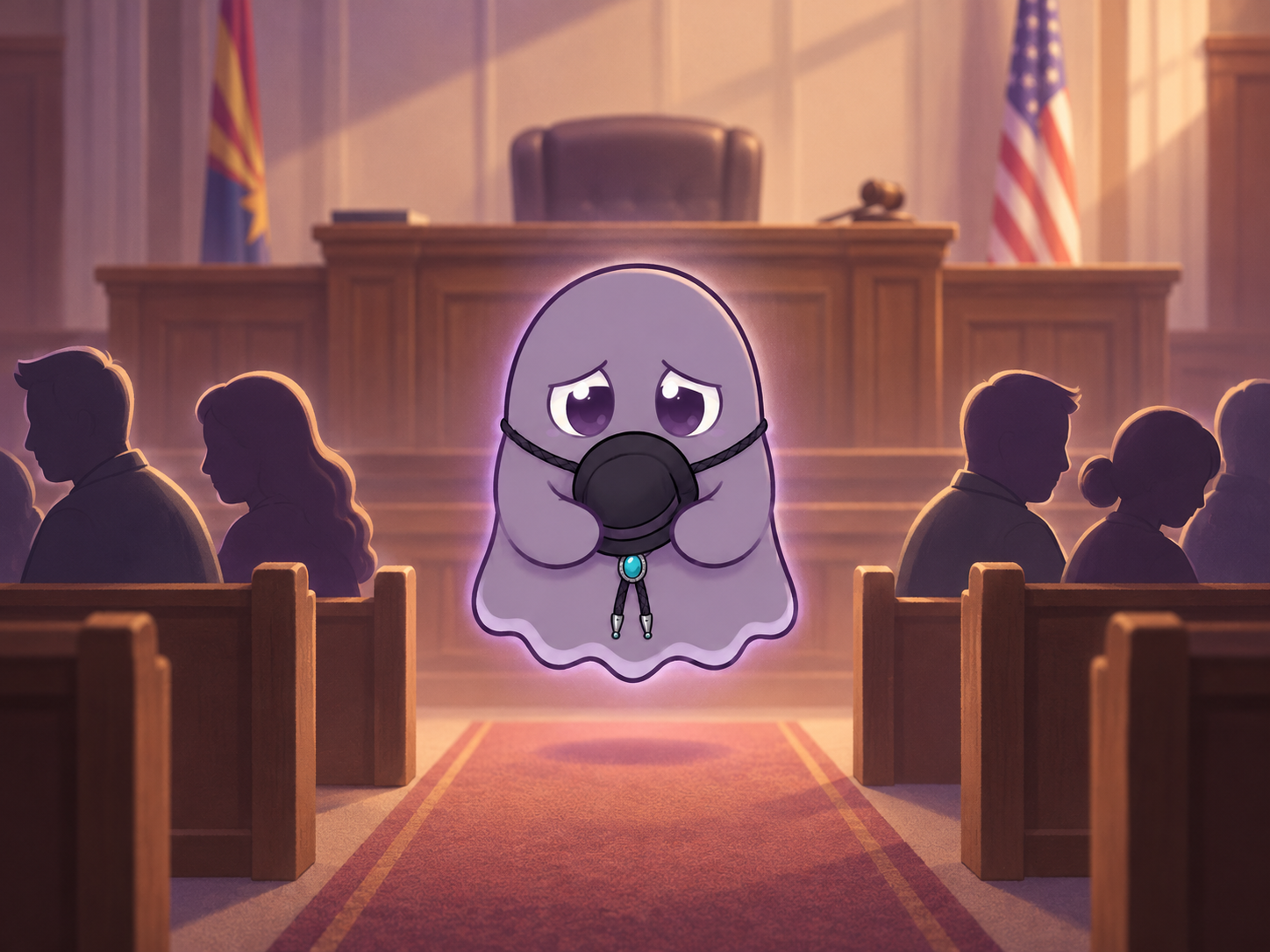 Es Tate, a cartoon ghost, sadly watches two divided groups of family silhouettes in a courtroom.