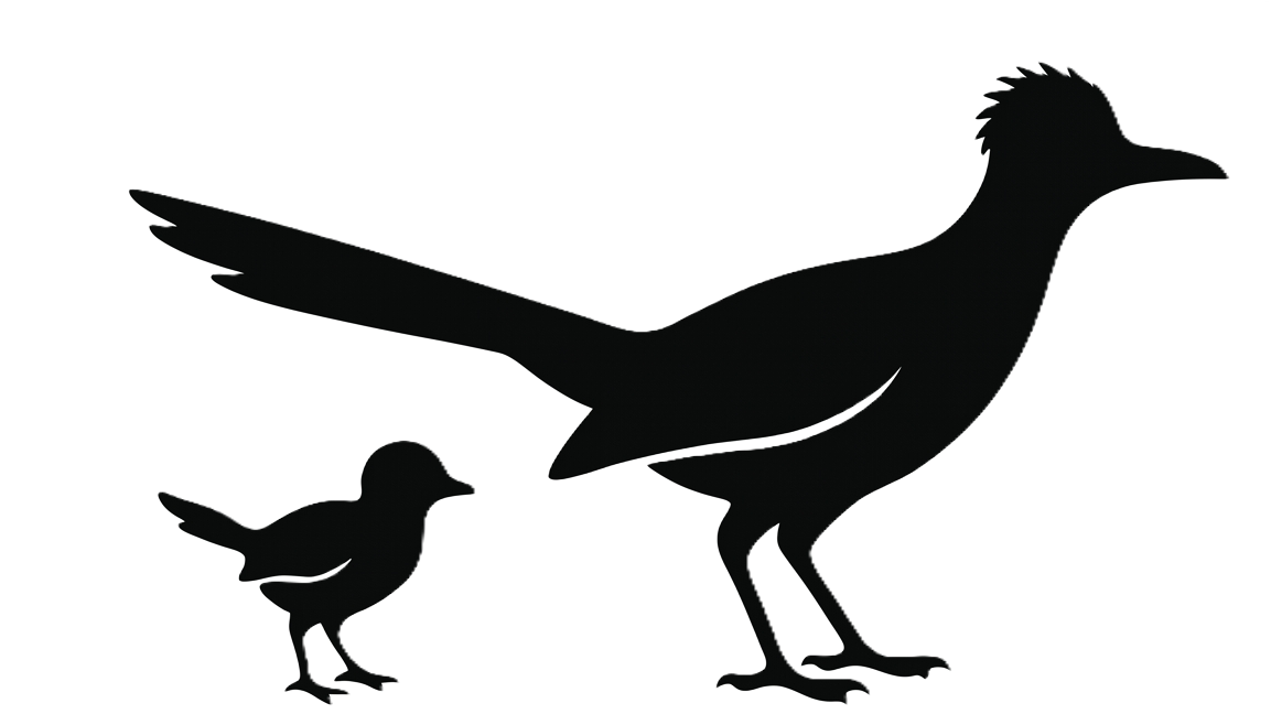 Silhouettes of two birds, possibly a mother and chick, (roadrunners) facing each other against a black background.