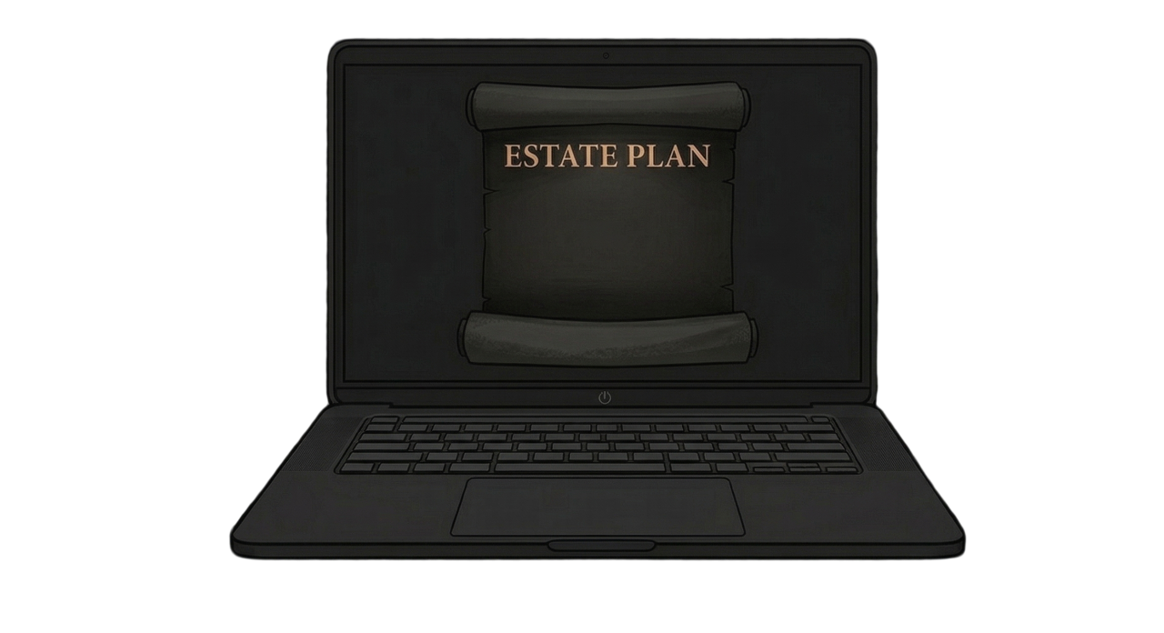 Laptop computer with a screen displaying a scroll labeled "Estate Plan". Virtual Estate Plan. Electronic Estate Plan.