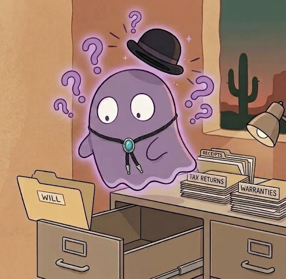 Es Tate, a cartoon ghost, startled as his hat pops off, floats above an empty filing drawer in a tidy Arizona home office.