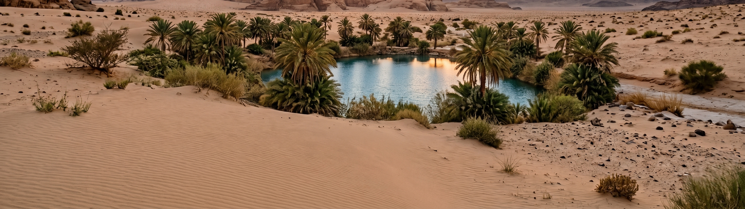 A desert landscape with sand dunes, scattered bushes, and palm trees surrounding a small oasis of water. Peace of Mind. Find your peace of mind.