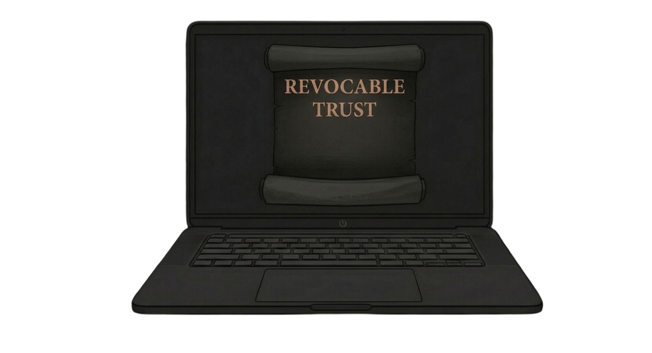 Laptop with a scroll on the screen displaying the words 'Revocable Trust' Virtual Revocable Trust. Electronic Revocable Trust.