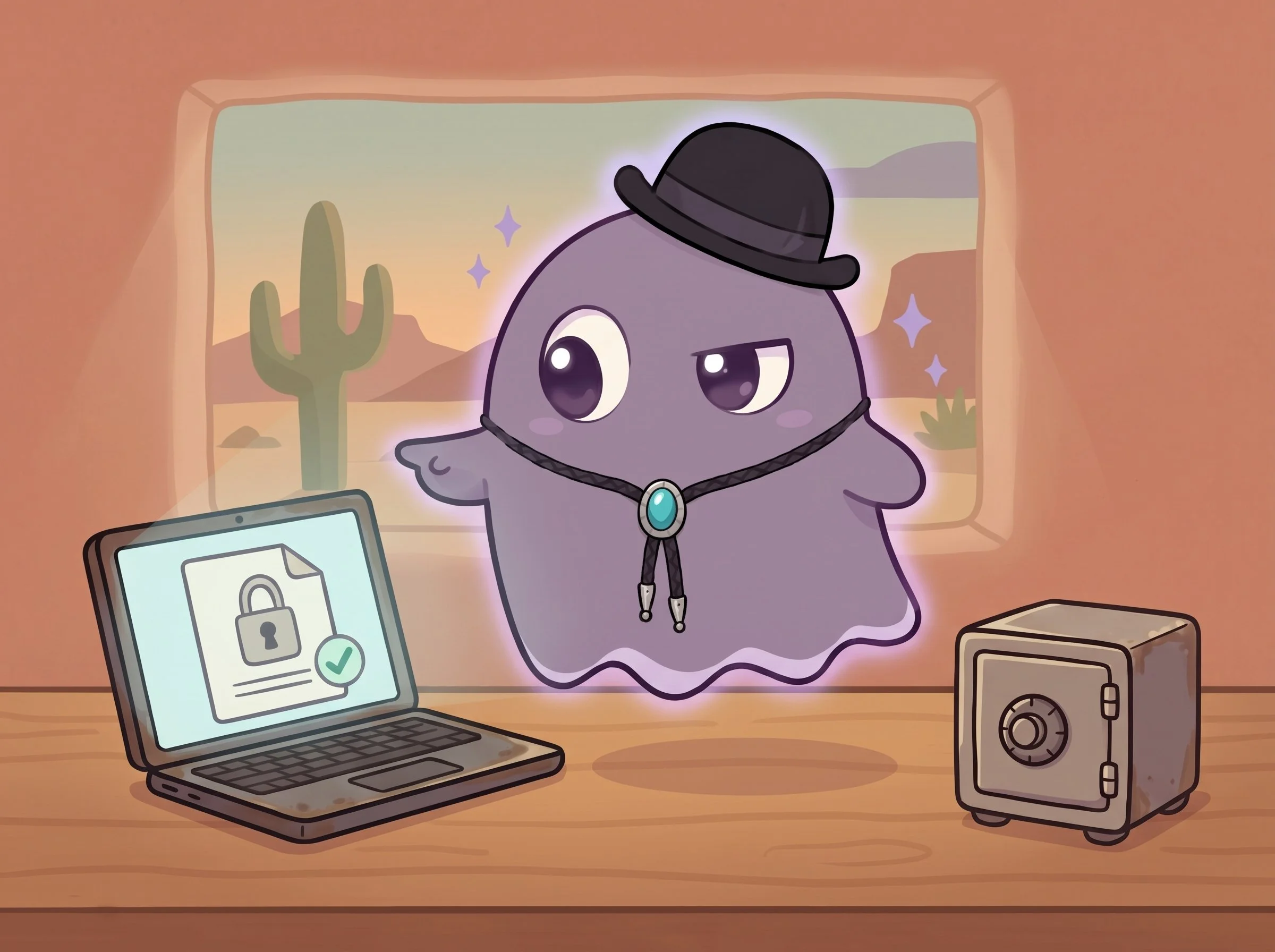 Es Tate, a cartoon ghost, points knowingly to a laptop showing a locked electronic will beside a fireproof safe.