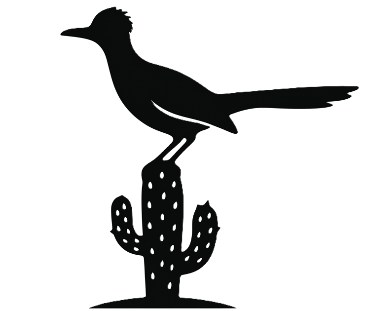 Silhouette of a bird (roadrunner) perched on a cactus against a black background.