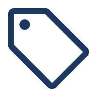 Outline of a blank price tag or luggage tag in dark blue.