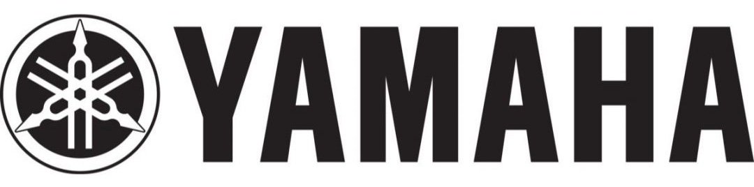 Yamaha logo with a circular emblem featuring three musical tuning forks crossed in a triangle, and the word 'YAMAHA' in bold black letters.
