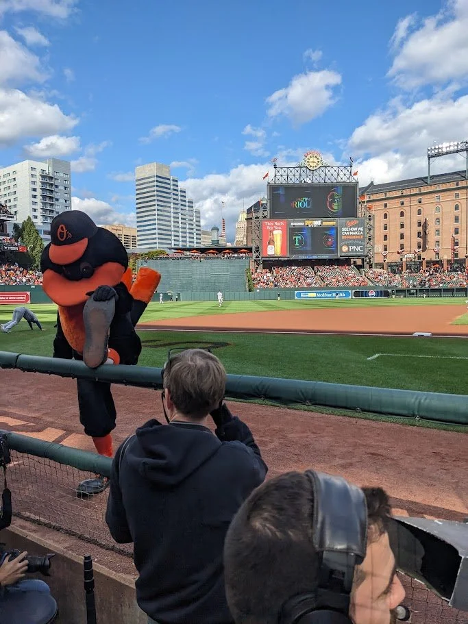 A baseball game at a stadium with a mascot performing on the field. The mascot is dressed as a bird, possibly a Baltimore Orioles mascot, with a black cap and orange beak. Spectators are watching near the fence on a bright day with a partly cloudy sky.