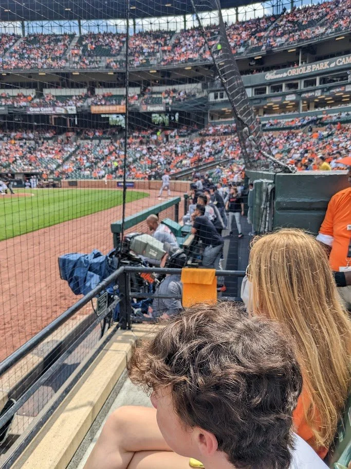 People seated in the stands watching a baseball game at Oriole Park with the field and players visible.
