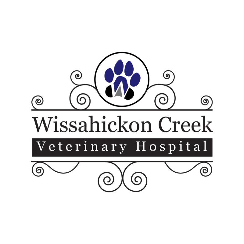 Business logo for Wissahickon Creek Veterinary Hospital featuring a paw print with a lightning bolt, decorative swirls, and text.