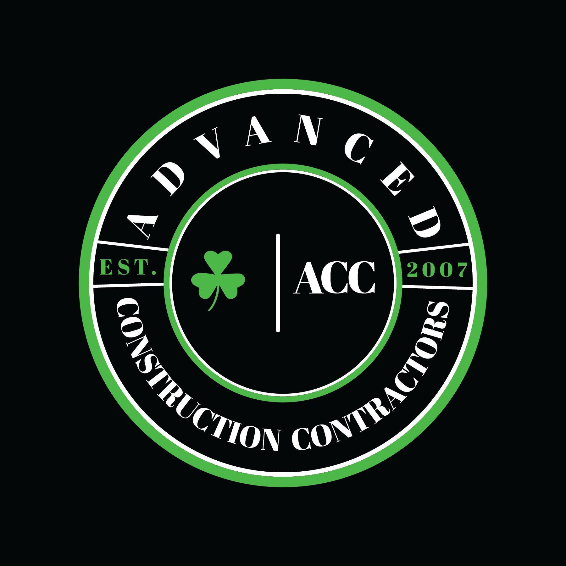 A circular logo with black background, green and white text, and a green shamrock in the center. Text reads 'ADVANCE DIVERS' at the top, 'EST. 2007' on either side, and 'CONSTRUCTION TRAFFIC CONTROL' around the bottom.