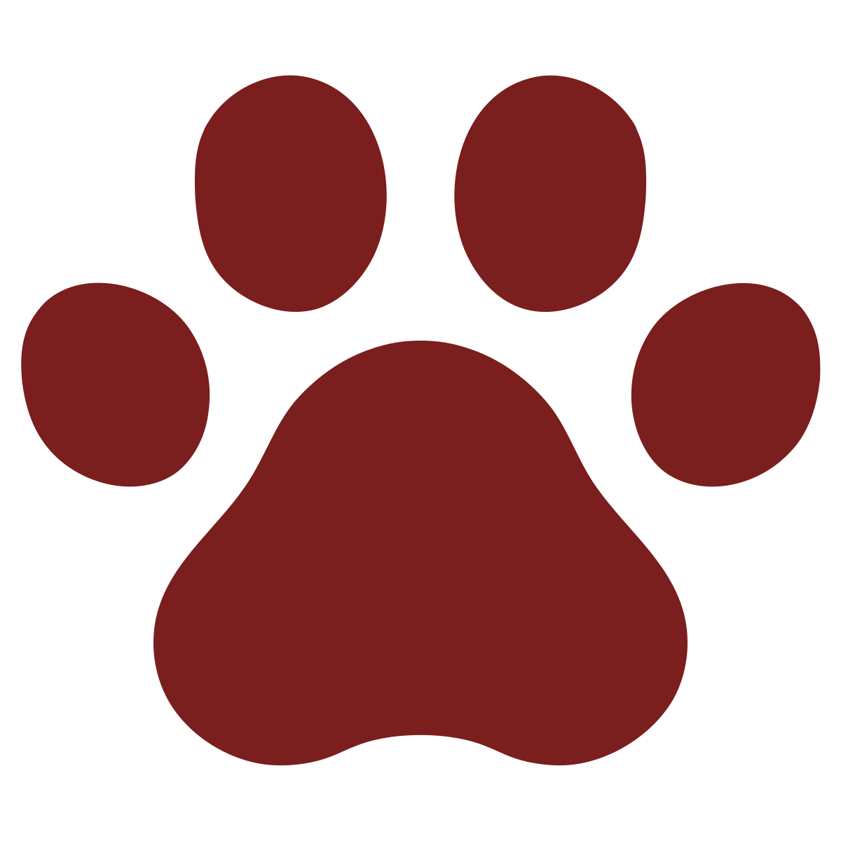 A simple dark red paw print with four toe pads and a larger central pad.