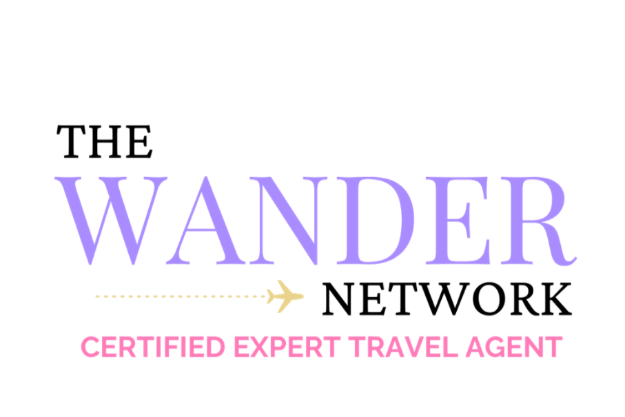 Wander, Certified Expert Travel Agent logo with purple text, yellow plane graphic, and pink text
