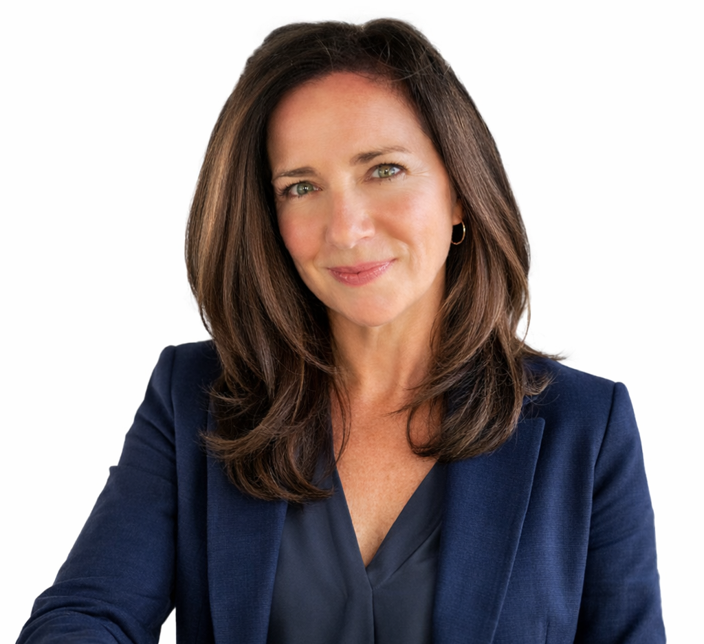 A woman with shoulder-length brown hair, wearing a navy blazer and a dark blouse, smiling softly against a white background.