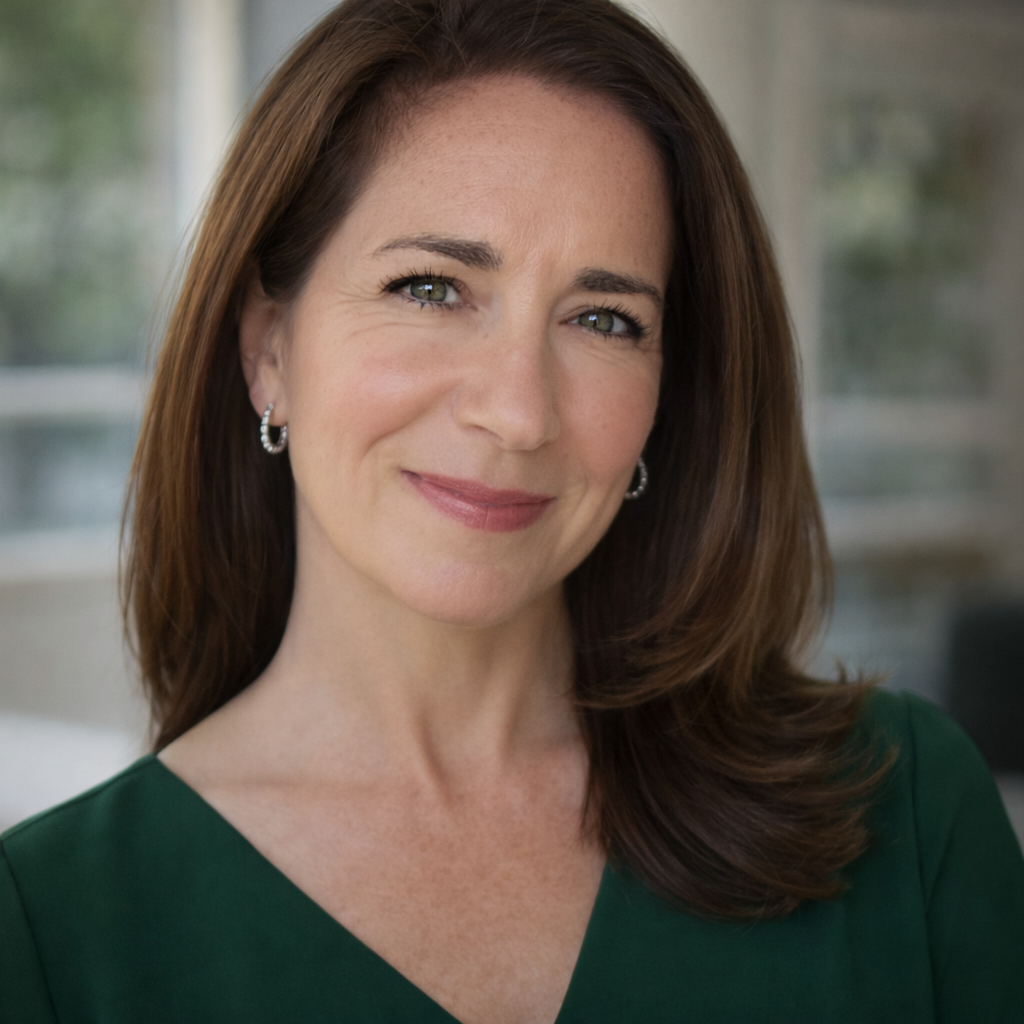 A woman with shoulder-length brown hair, green eyes, and light makeup, smiling and wearing a dark green top and hoop earrings, in a softly lit indoor setting.