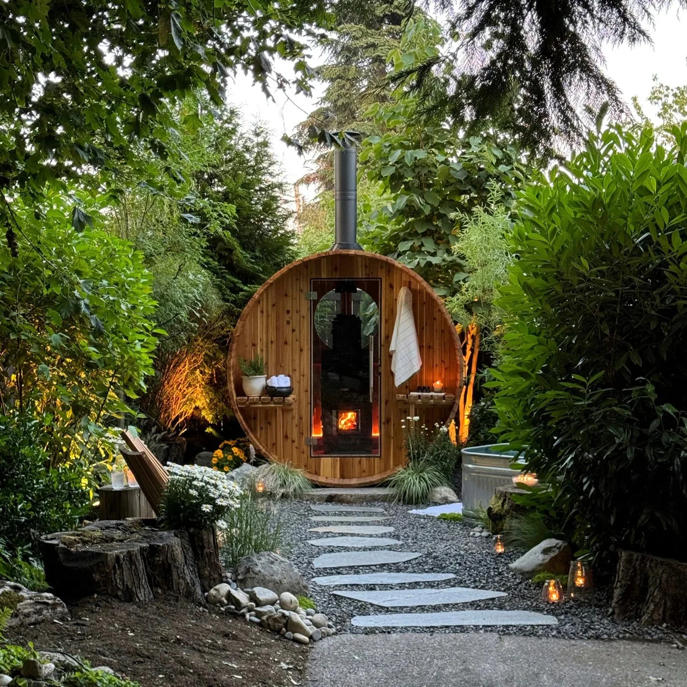 Wooden barrel sauna among leafy trees
