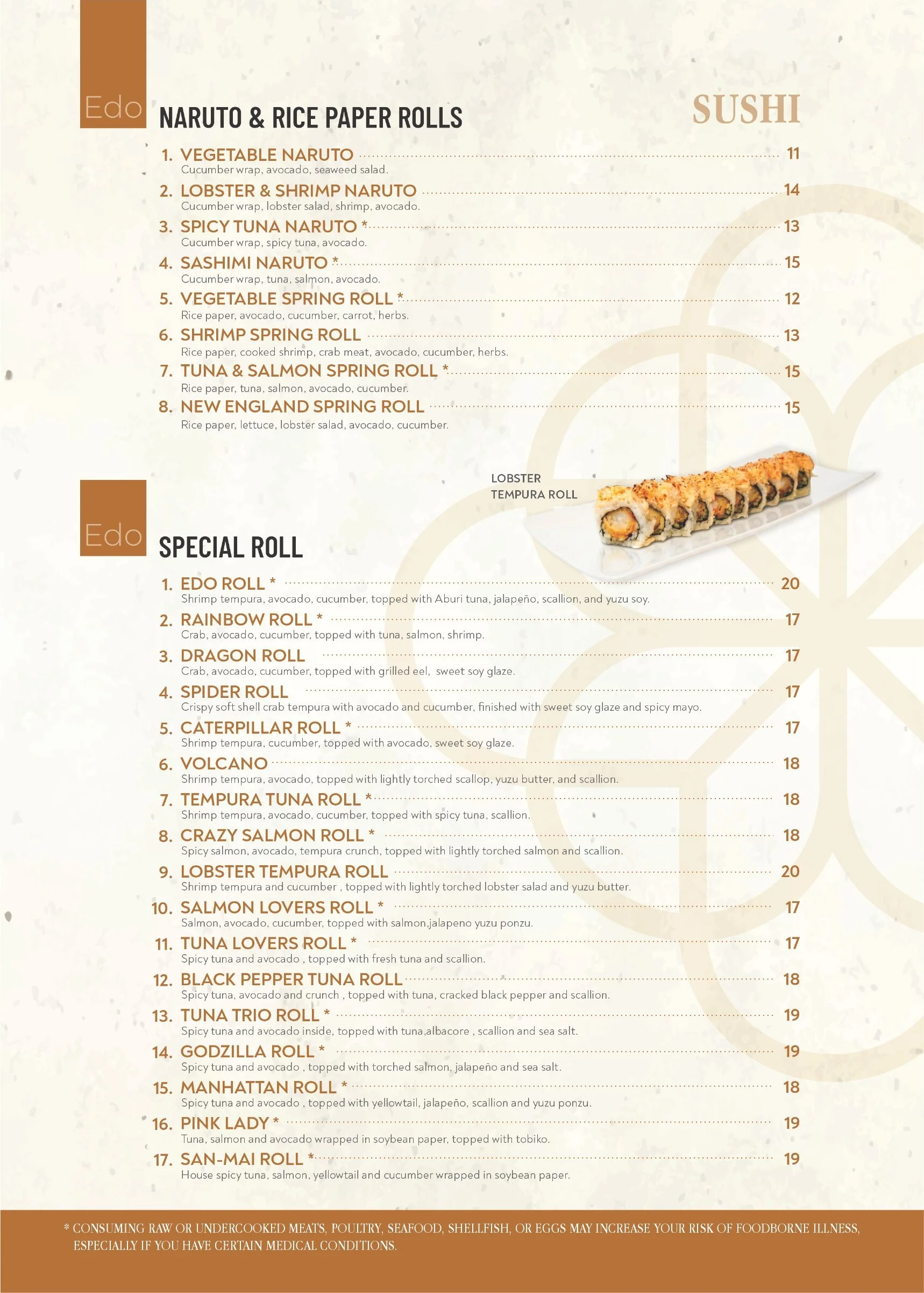 Menu page featuring Naruto & Rice Paper Rolls and Special Rolls with descriptions and prices, alongside an image of lobster tempura roll.