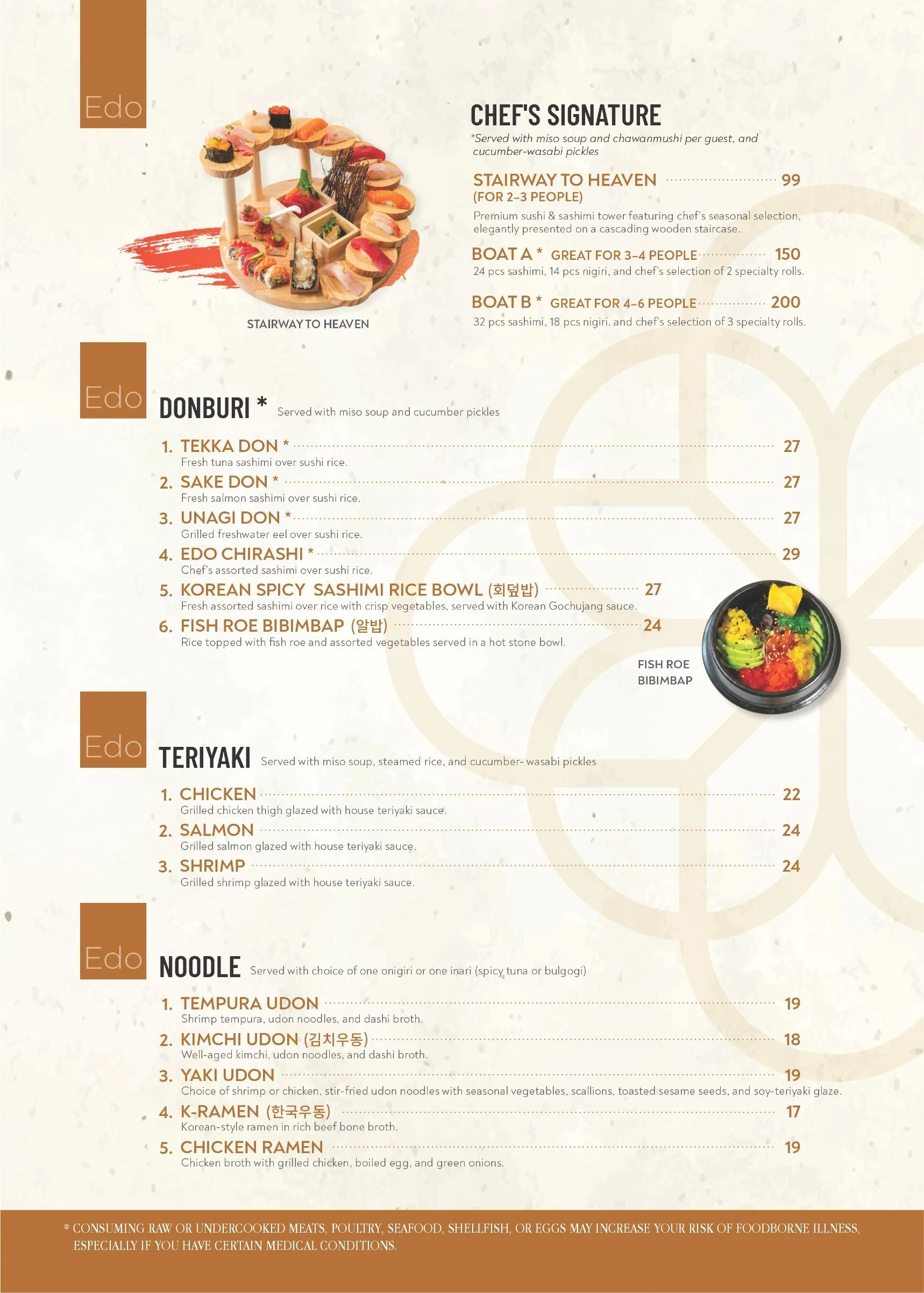 Menu featuring various Japanese dishes such as chef's signature platters, donburi, teriyaki, and noodle options with prices and a small image of a fish roe bibimbap dish.