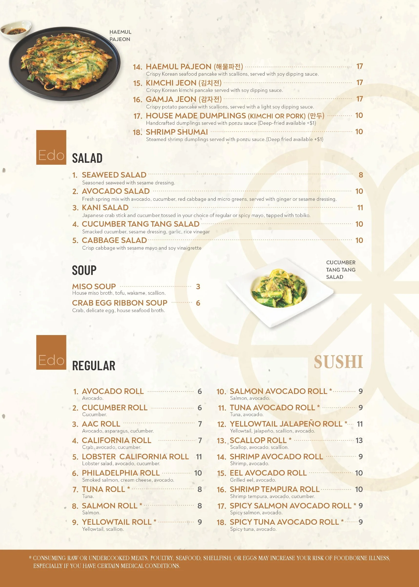 A menu featuring Korean dishes, salads, soups, regular and sushi rolls, with a photo of cucumber tang tang salad.
