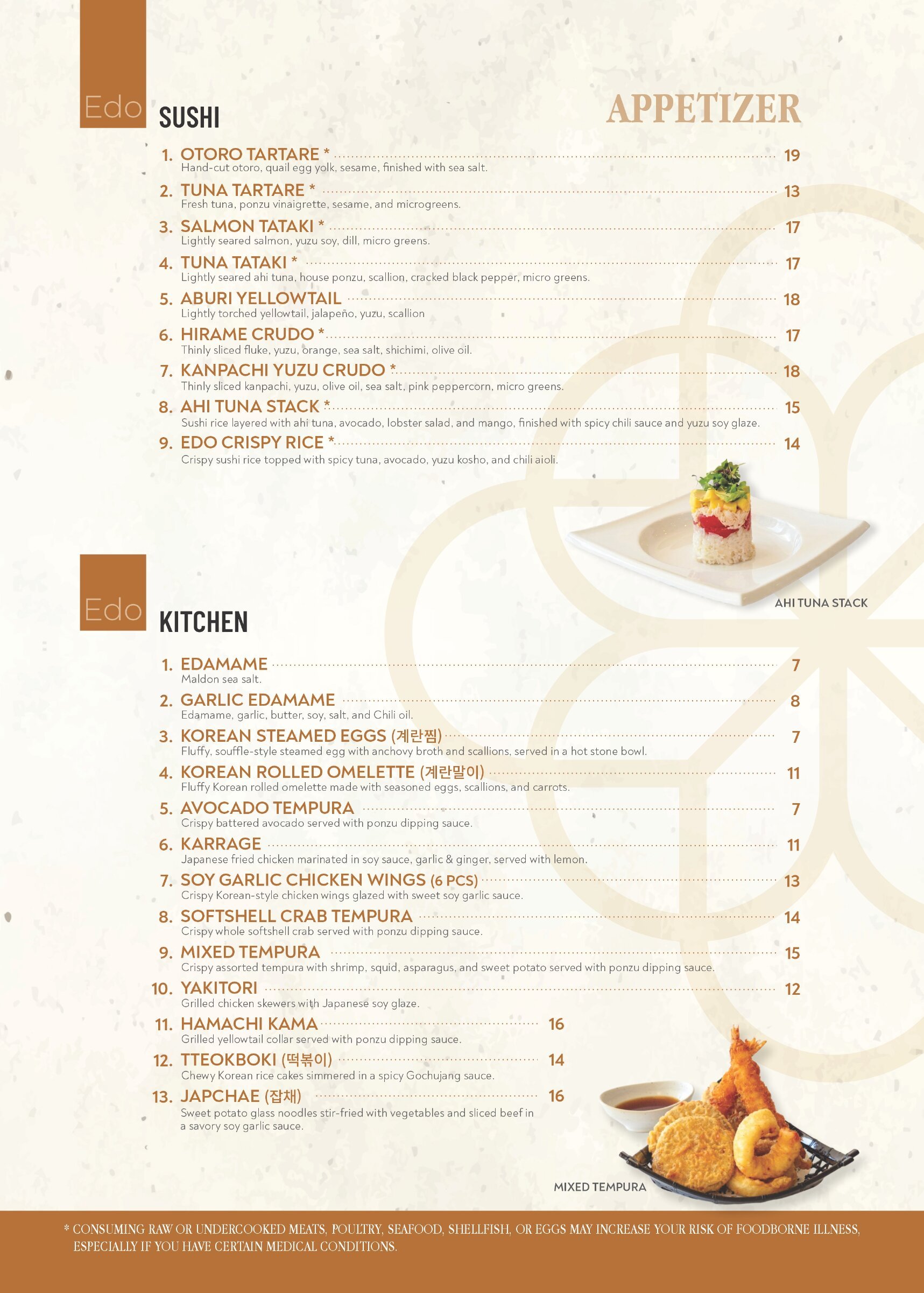 Image of a Korean-inspired menu featuring sushi appetizers and kitchen dishes, with a small picture of mixed tempura including fried shrimp, calamari, and vegetables.