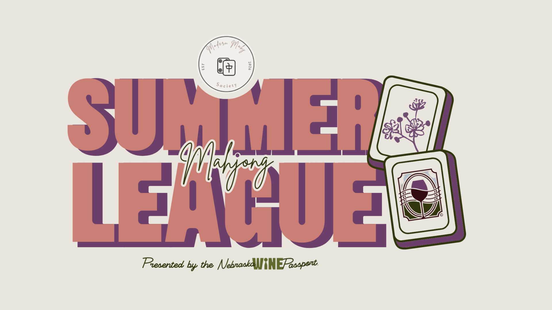 Graphic design promoting summer leisure with images of playing cards, a wine glass, and the words 'Summer Leisure Mahjong,' presented by the Nebraska Wine Passport.