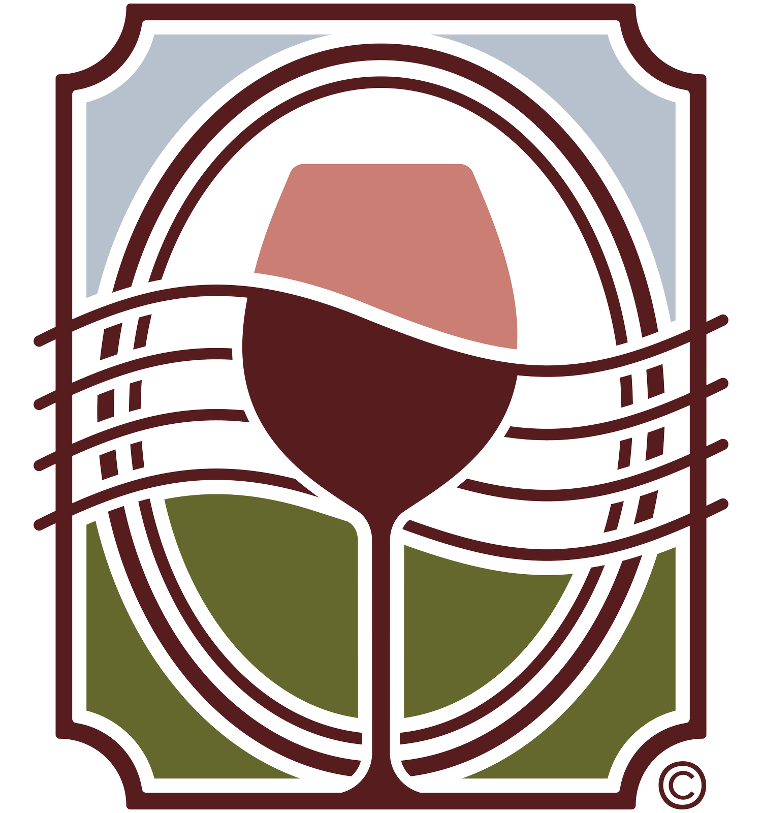 Stylized logo featuring a wine glass filled with red wine, set against a background of abstract shapes in muted colors with decorative borders.
