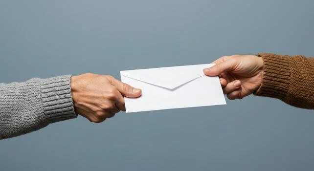 Photo of a man passing an envelope to another man