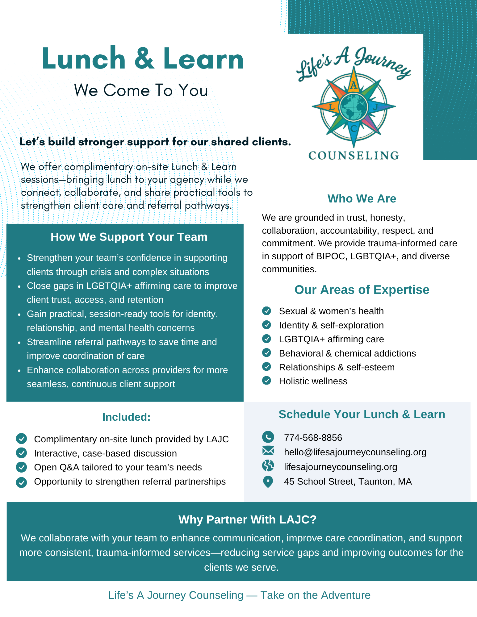 A colorful flyer for Life's A Journey Counseling, promoting free Lunch & Learn sessions for agency support, with contact details and a compass logo in the top right.