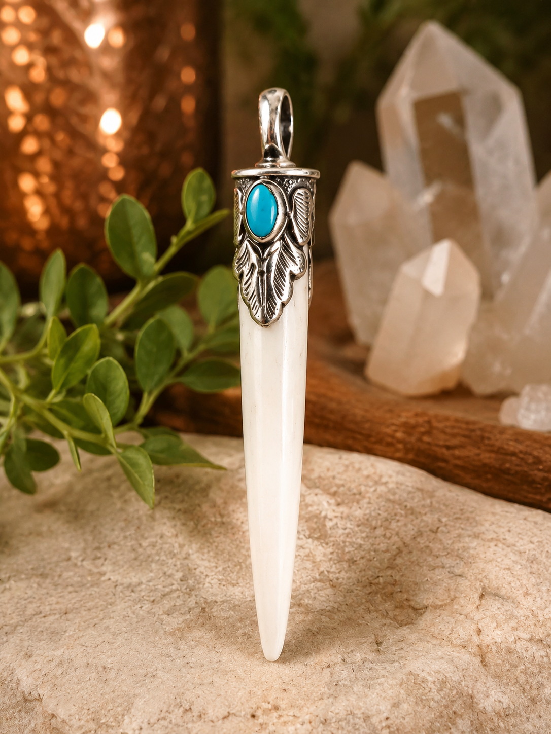 Hand Craved Bone with Turquoise Pendant, Tibetan Silver