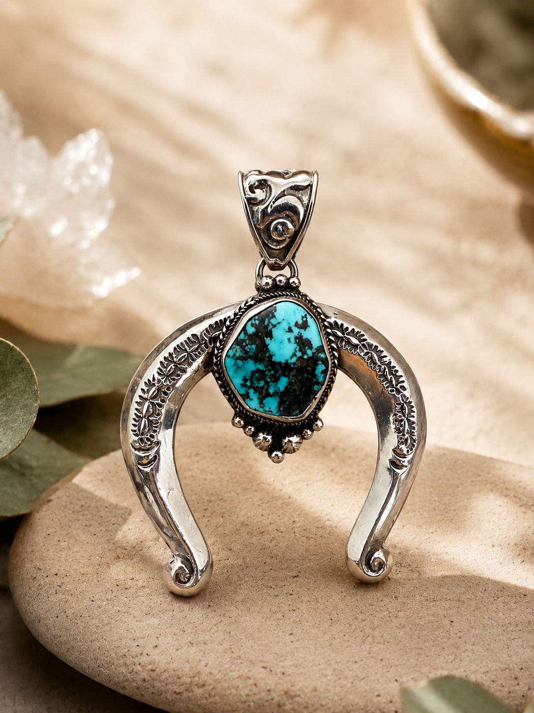 Squash Blossom with Natural Turquoise Pendant, Handcrafted