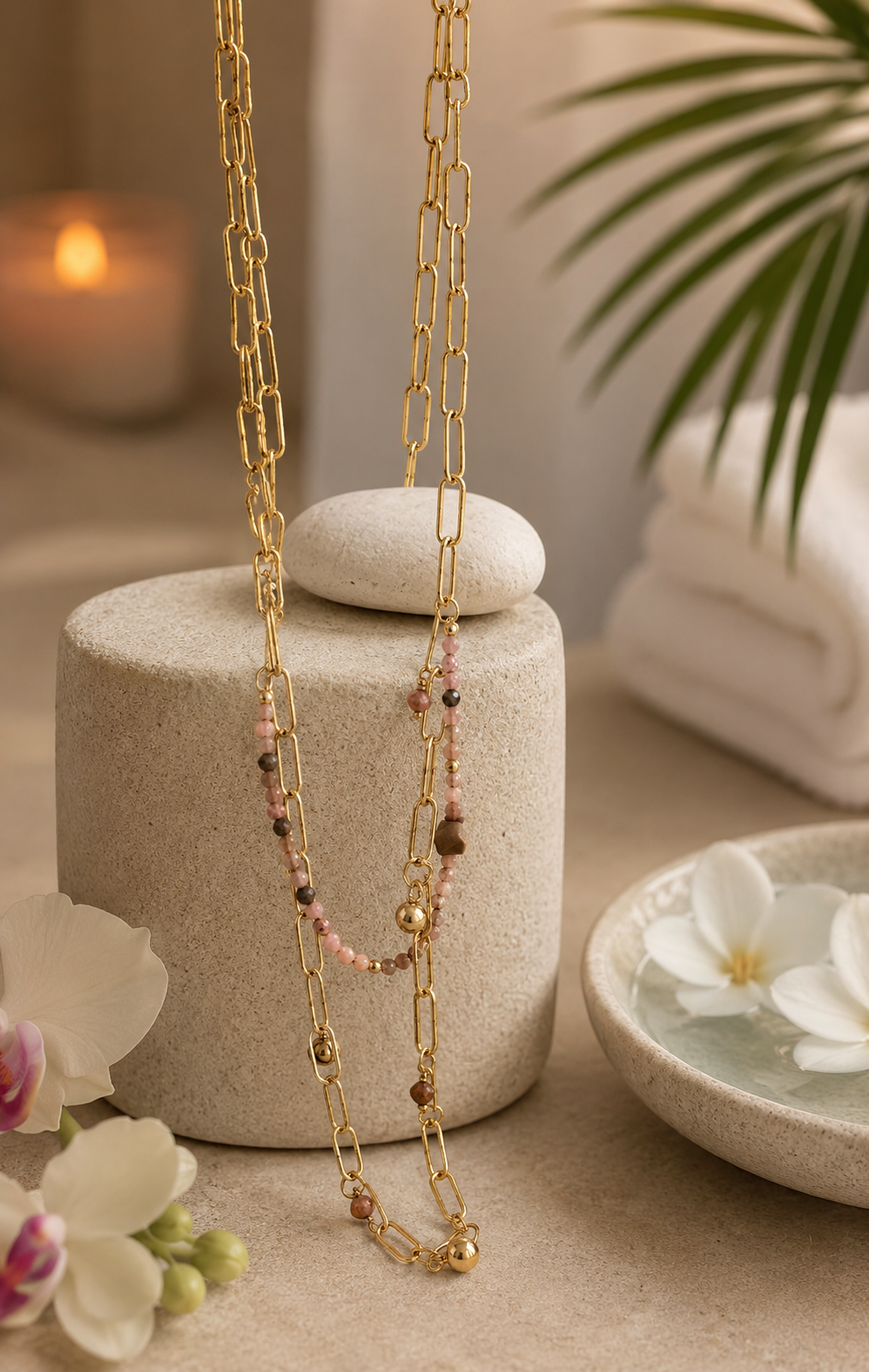 Two Row 24K Gold Plate and Semi Precious Stone Long Necklace
