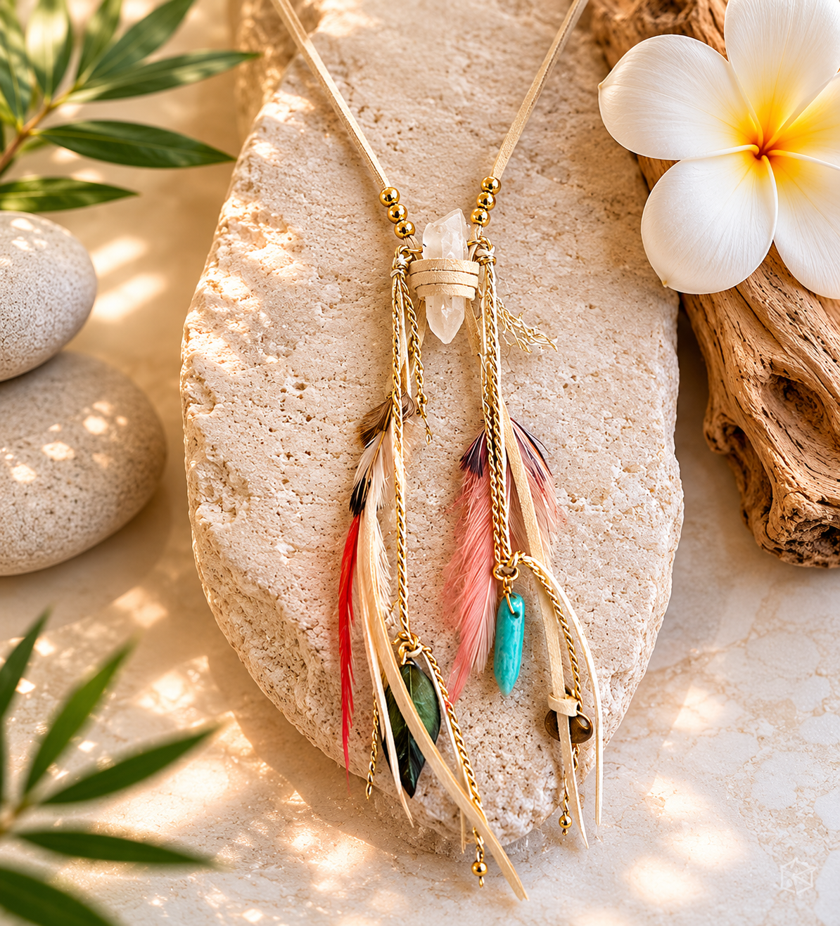 Adjustable Quartz & Feather Suede Leather Long Necklace