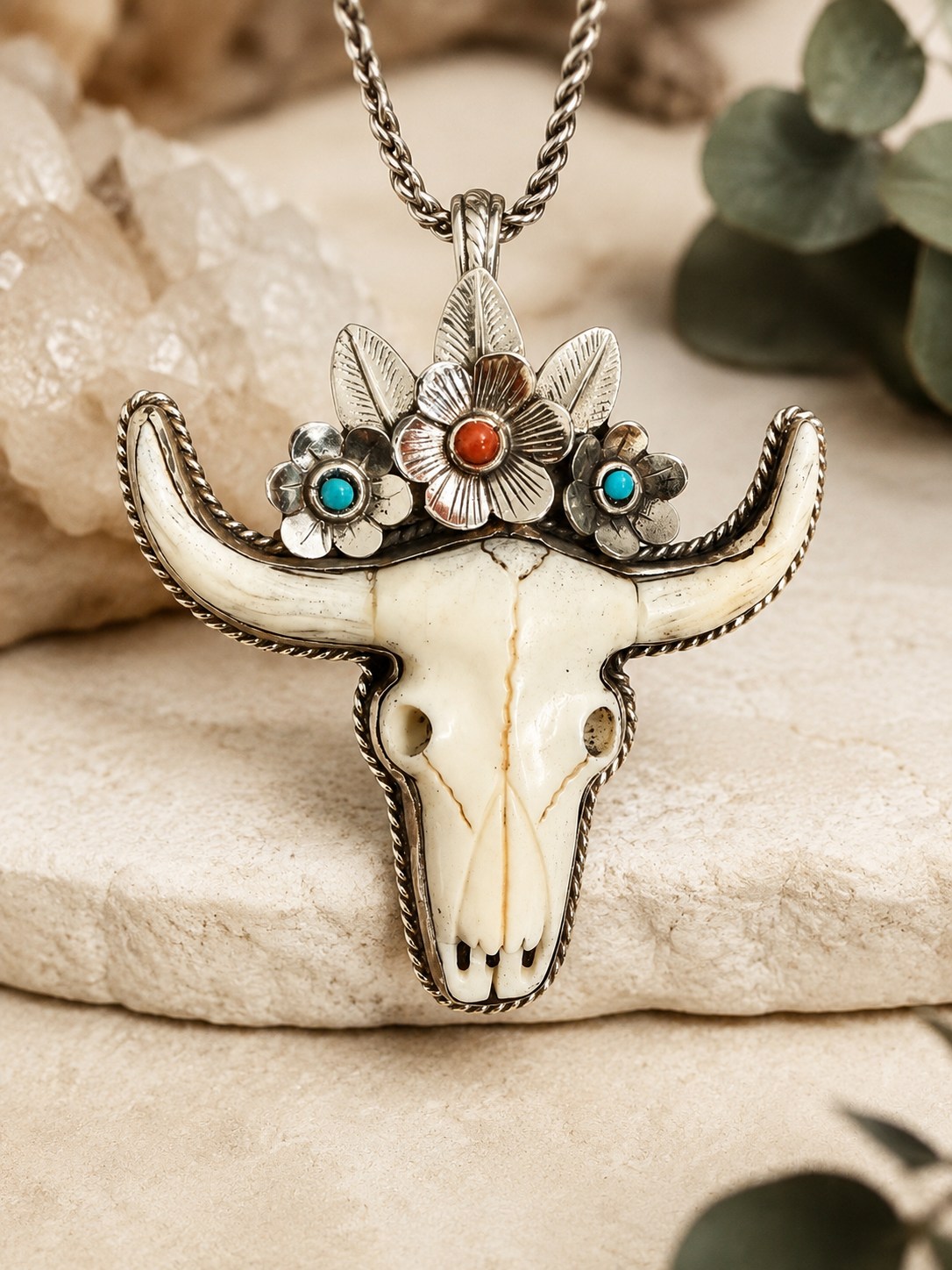 Large Hand Bone Carved Bull Head, Tibetan Repoussé  Silver pendant