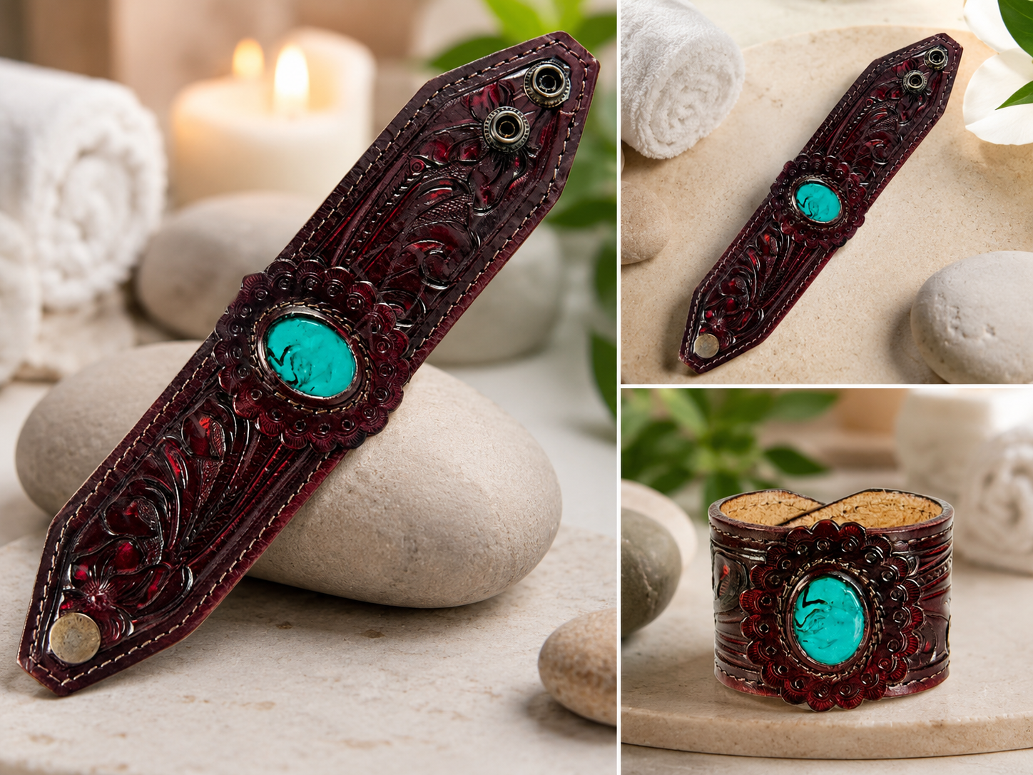 Hand Tooled Carved Genuine Leather Bracelet Women