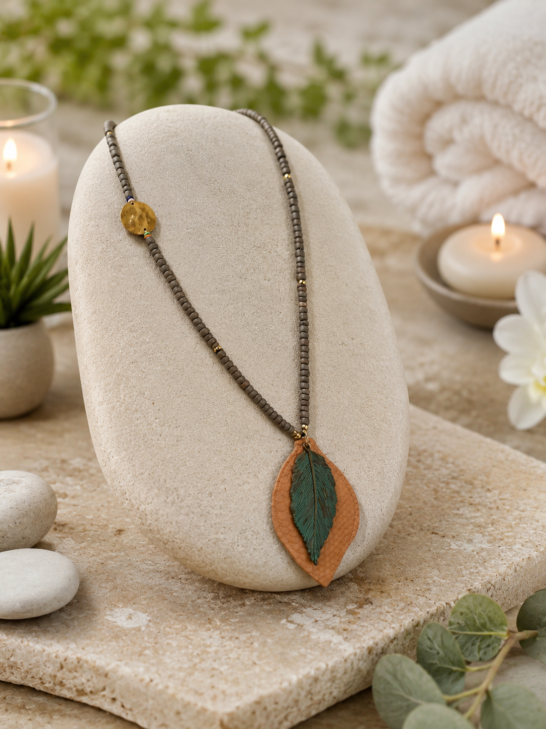 Metal and Leather Leaf Necklace