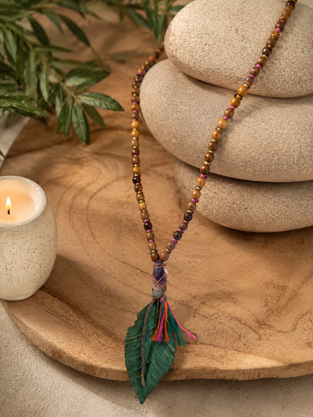 Metal Leaf with Amethyst Crystal Necklace