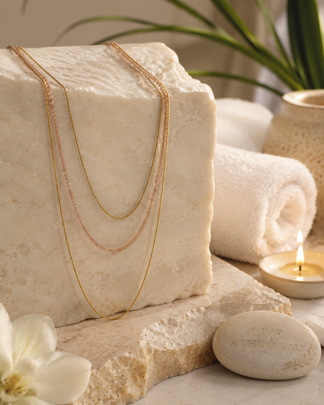 Peachy Pink Crystal & Gold Chain Long Necklace