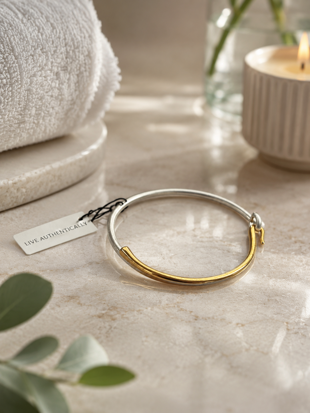 Snow Leather + 24K Gold Plate Bangle Bracelet