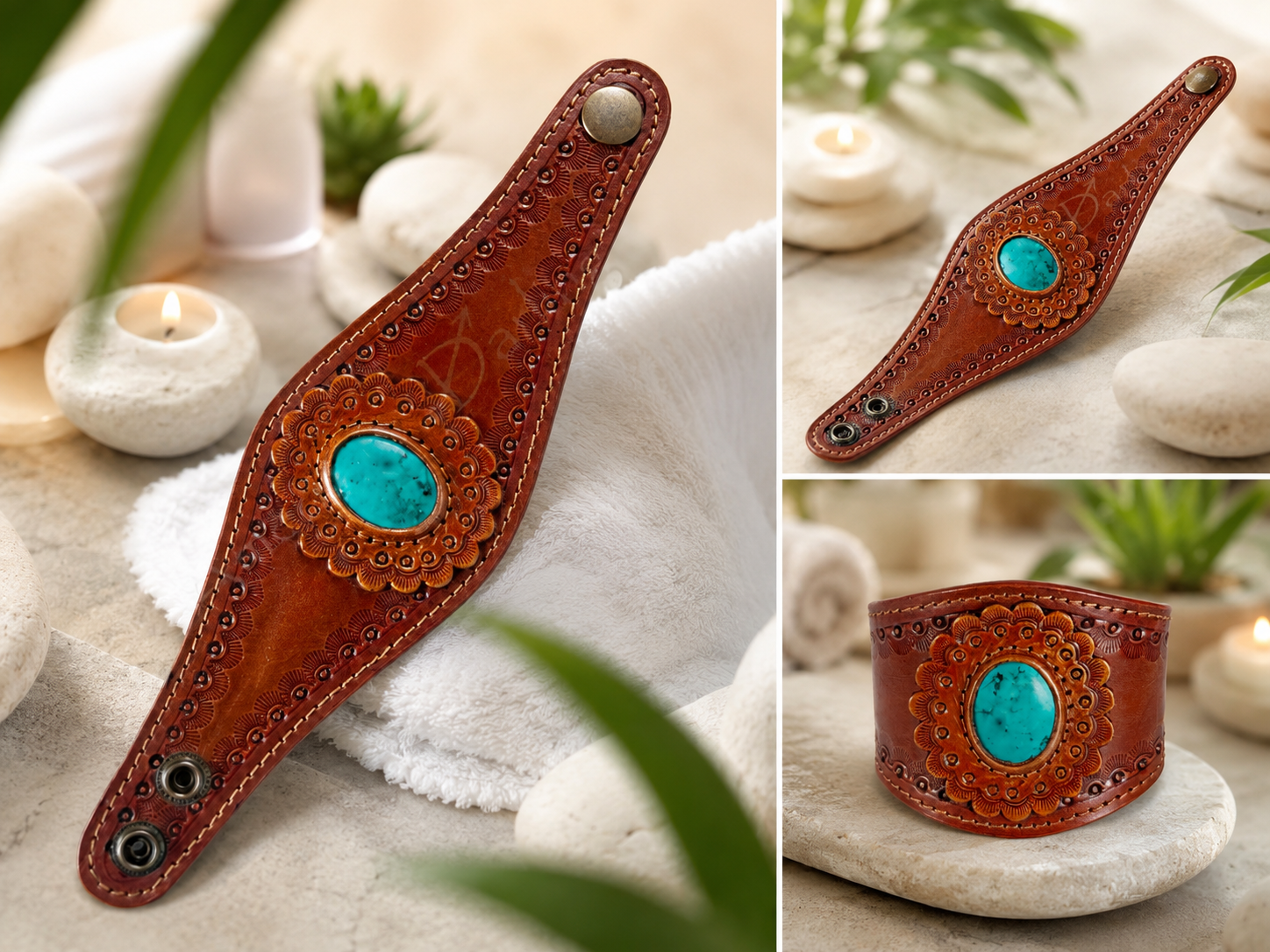 Tooled Carved Genuine Leather Bracelet Women