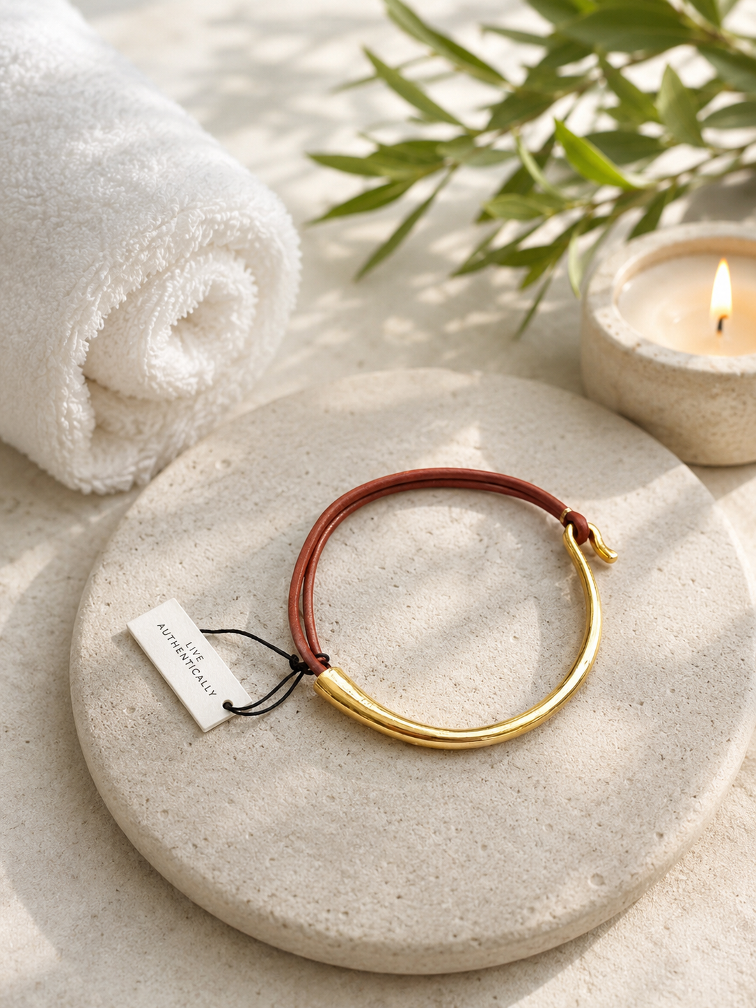 Brick Leather + 24K Gold Plate Bangle Bracelet