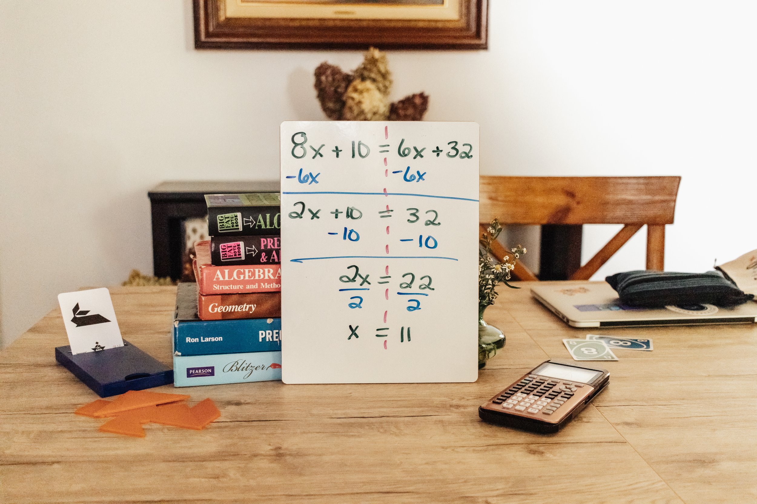 Algebra equations and worked solutions on whiteboard — math tutoring resources for grades 6–12, Mum Tutors Math