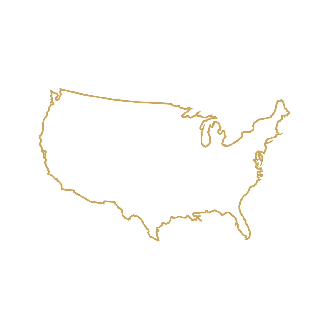 Outline map of the United States with a gold line on a black background.