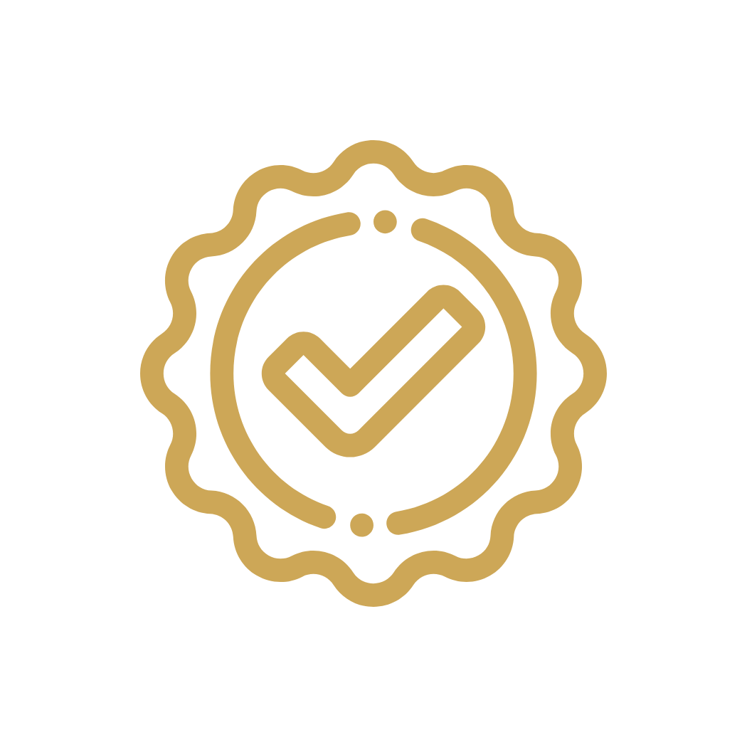 Gold certification badge with a check mark inside a circle, surrounded by a scalloped edge on a black background.