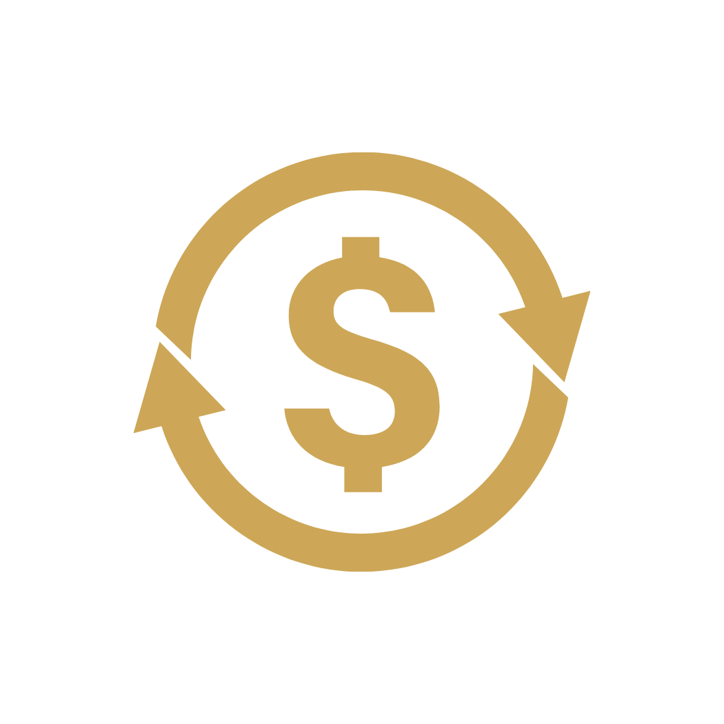 Gold dollar sign encircled by arrows indicating financial exchange or money cycle.