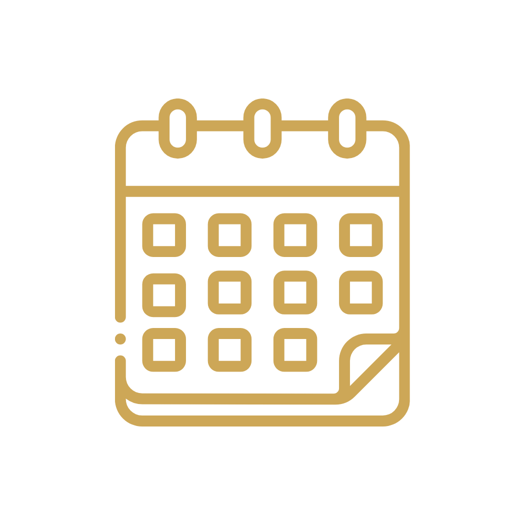 Gold outline icon of a calendar with a partially turned page, set against a black background.