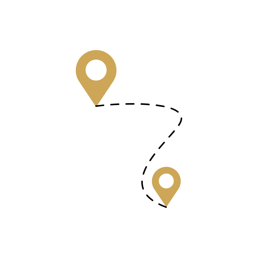Black and white map with two gold location pins, one near Chicago, Illinois, and the other near New York City, New York, connected by a line.