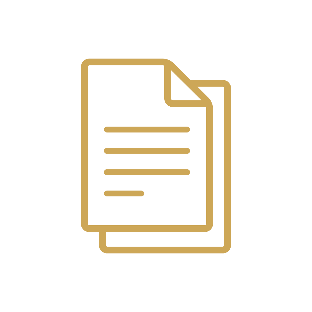 Icon of two overlapping documents with lines representing text, in gold color on black background.