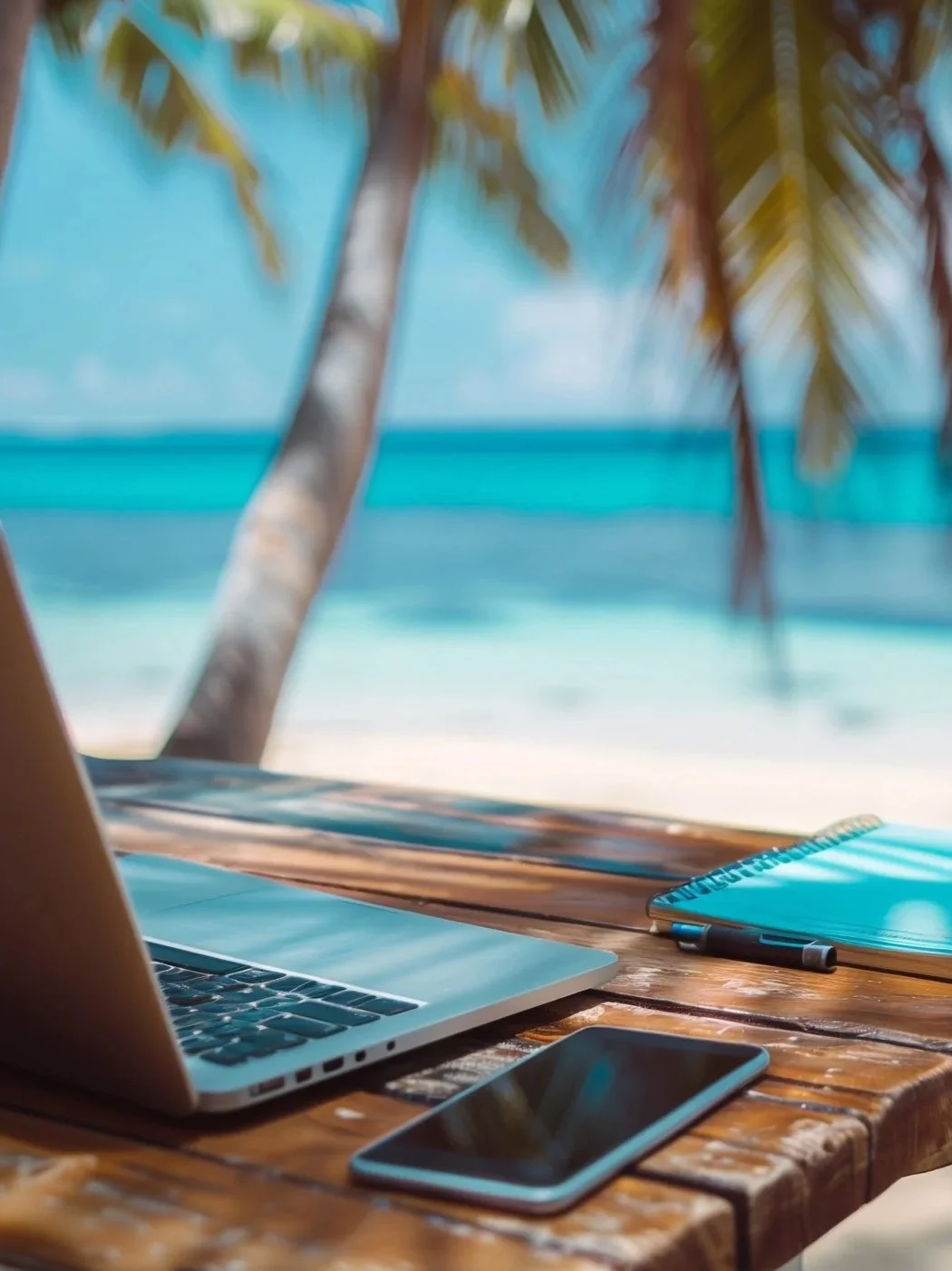 Beach scene with a laptop, smartphone, notebook, and pen on a wooden table under palm trees, overlooking the ocean.
